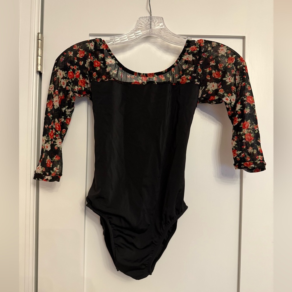 Black Classin Leotard w/ Floral Mesh Sleeves – Fits Petite / Youth Size 10